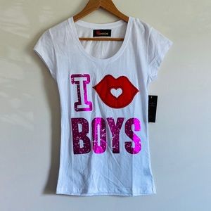 EMBELLISHED “I LOVE BOYS” FITTED GRAPHIC TSHIRT TOP SHIRT